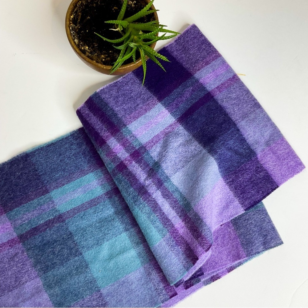 KILTANE of Scotland Purple Blue Plaid Wool Scarf | Fringe Detail - Picture 6 of 6